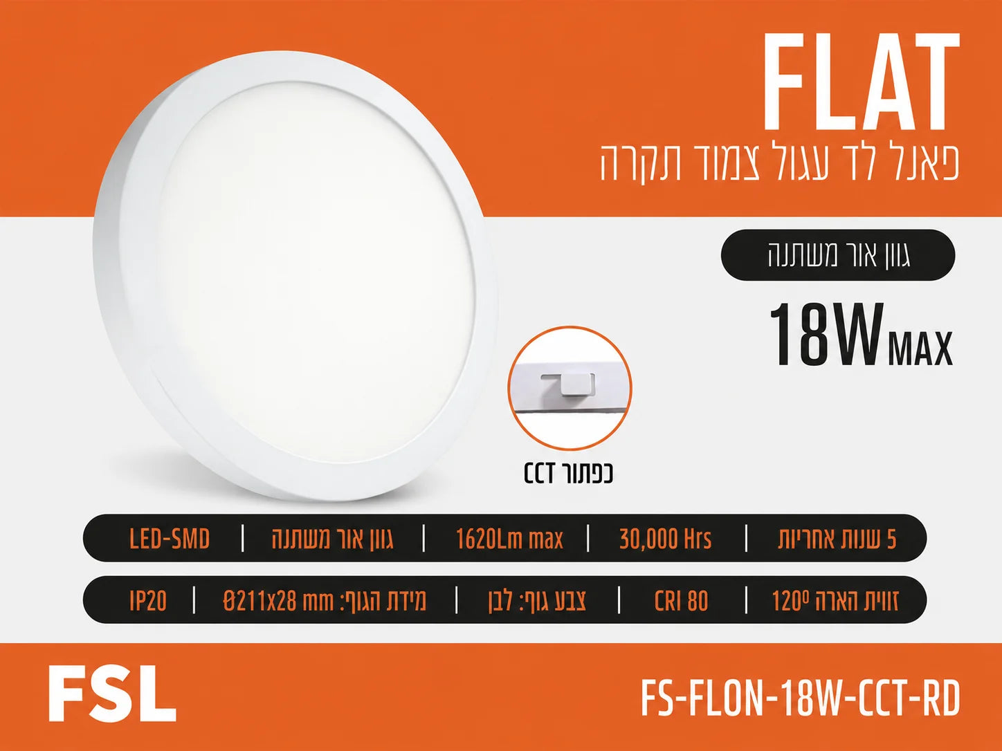 כרטיס מוצר לפאנל LED צמוד תקרה עגול FLAT 18W של FSL עם תמונת הגוף ופרטי התאורה