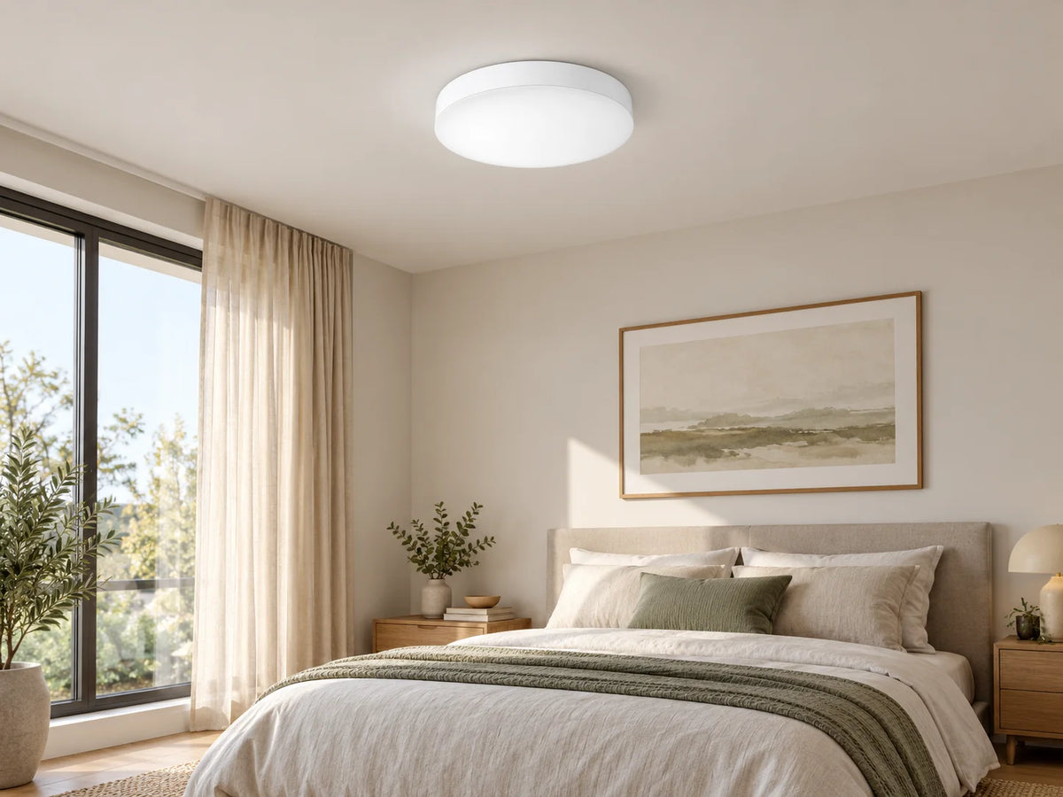 גוף תאורה צמוד תקרה עגול לבן AMIGO מותקן בחדר שינה בהיר.