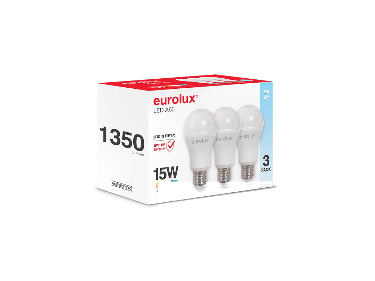 מארז 3 יח' נורות לד 1350 לומן 6000K A60 15W E27 אור יום - LED Bulbs באתר לדמרקט
