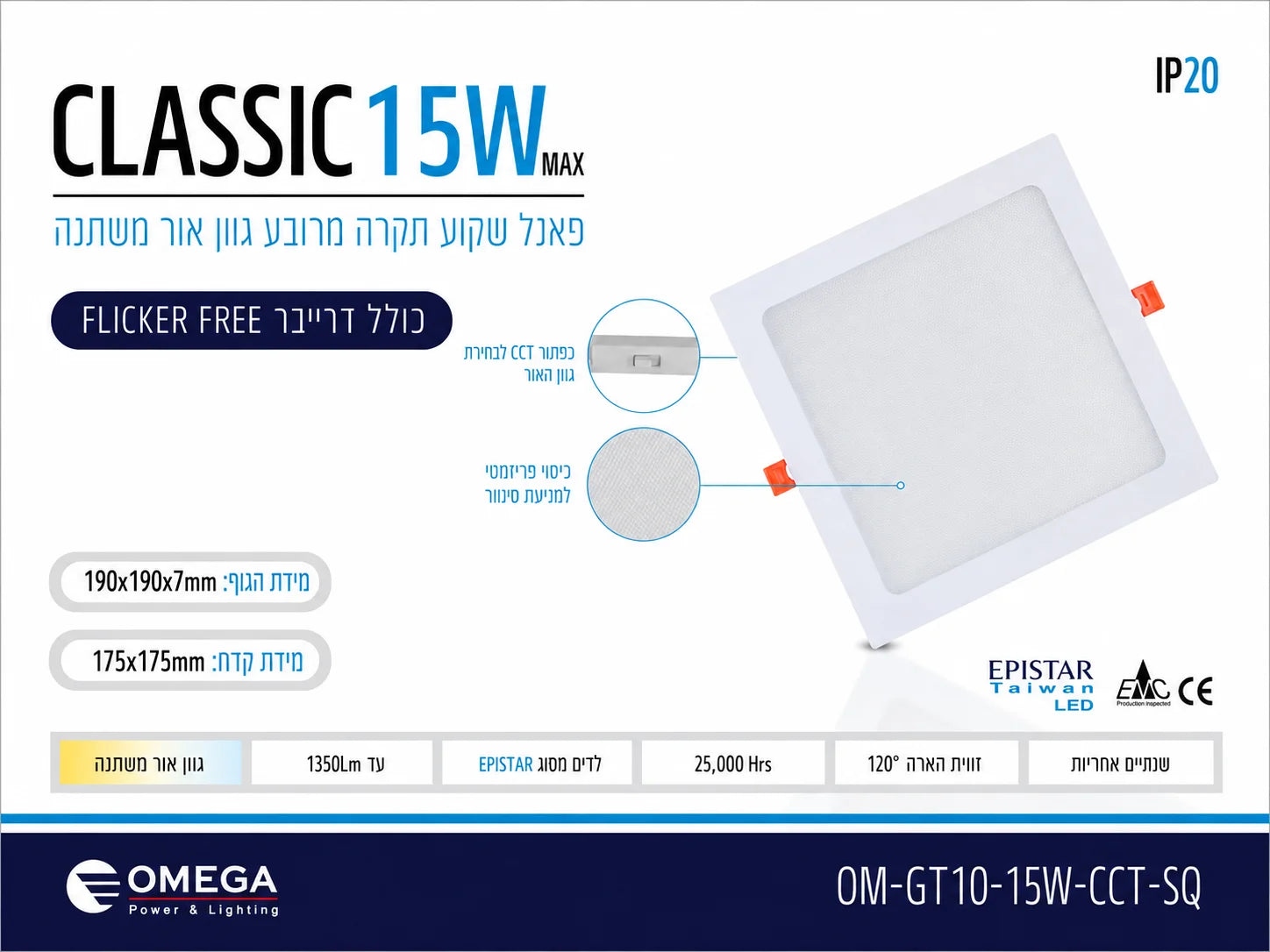 כרטיס מפרט לפאנל שקוע CLASSIC 15W מרובע עם תמונת המוצר ונתונים טכניים