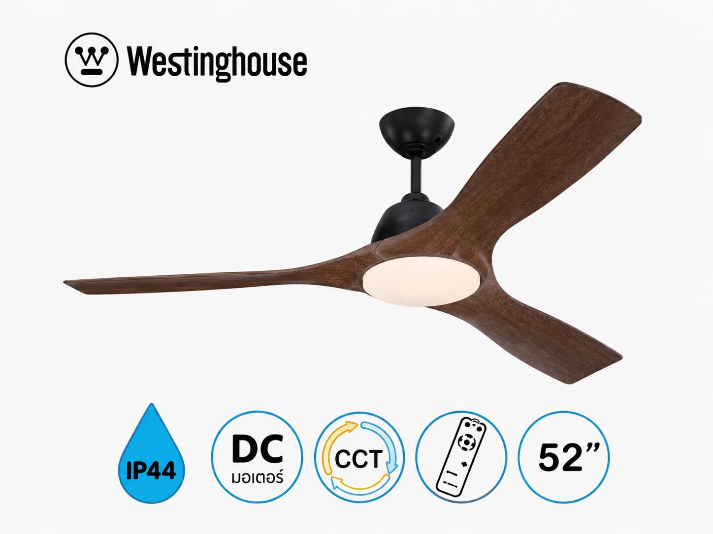 מאוורר תקרה Westinghouse ‏52 אינץ׳ עם כנפי עץ כהות, מנוע DC ותאורה מובנית