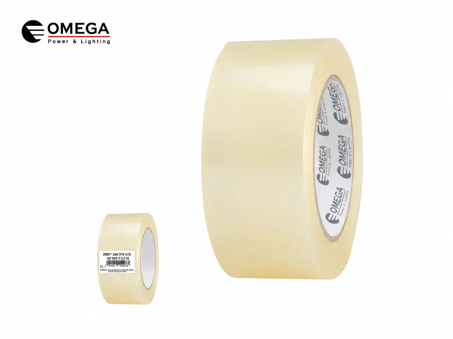 גליל סרט הדבקה שקוף של OMEGA לצד דוגמת גליל קטן על רקע לבן