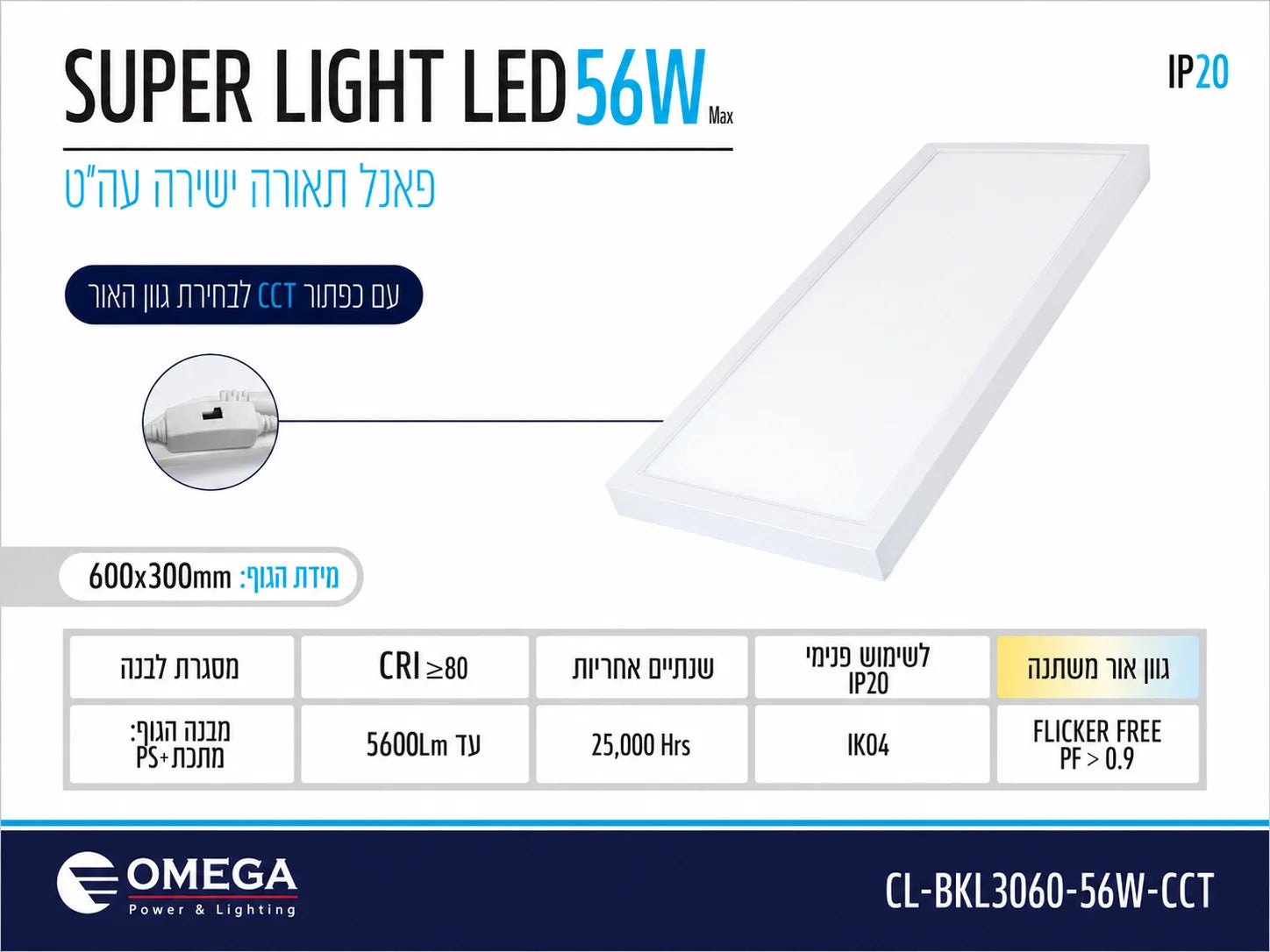 כרטיס מוצר לפאנל SUPER LIGHT LED לבן עם תמונת הגוף ונתונים טכניים