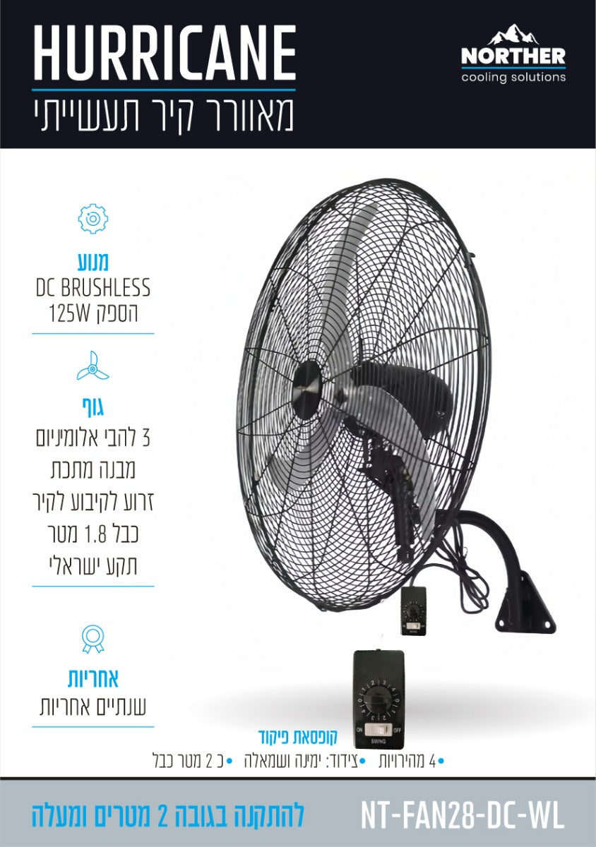 מאוורר תעשייתי 125W 28" Hurricane לקיר+שלט פיקוד לקיר  NORTHER - מאווררים לתעשייה באתר לדמרקט