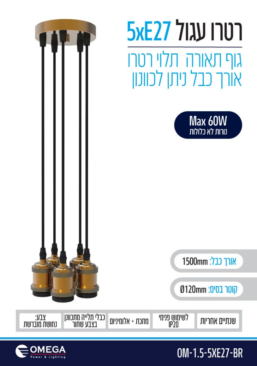 גוף תאורה דקורטיבי תלוי דגם רטרו - 5 ב 1 - תאורה באתר לדמרקט