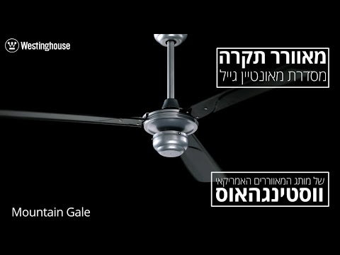 באנר פרסומי למאוורר תקרה כסוף עם שלוש כנפיים ותאורה מרכזית איכותית.